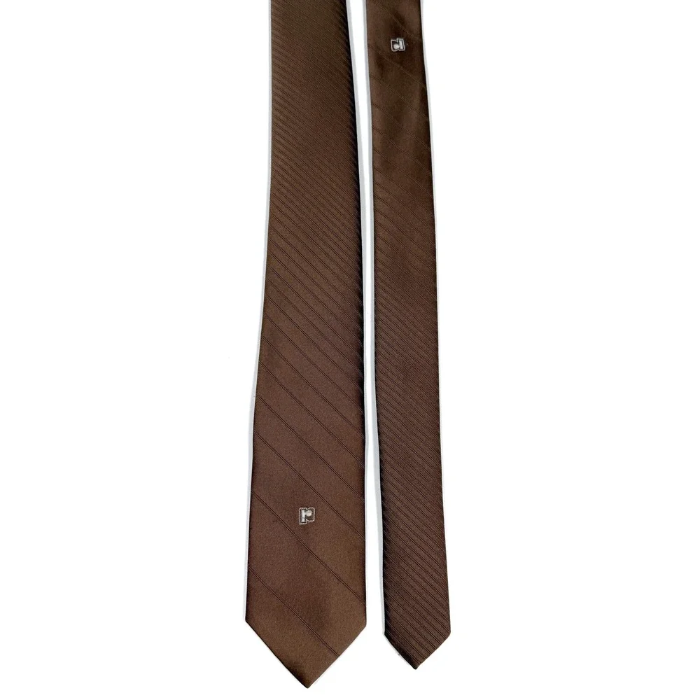 Paco Rabanne Paris Mens Brown Diagonal‎ Stripe Silk Blend Skinny Tie 2.5